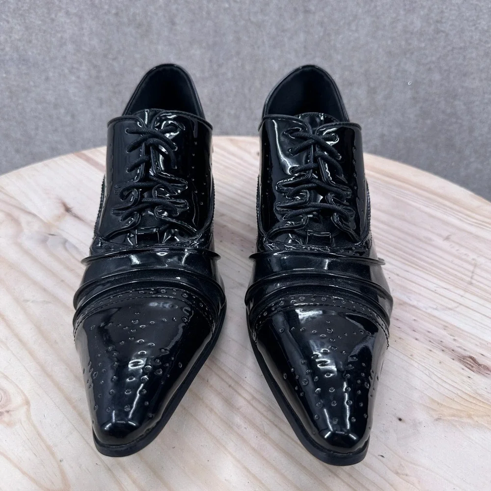 Brogue Heel Shoes Men 9-9.5 Brittish Black Faux Leather Point Toe Pleated Dress